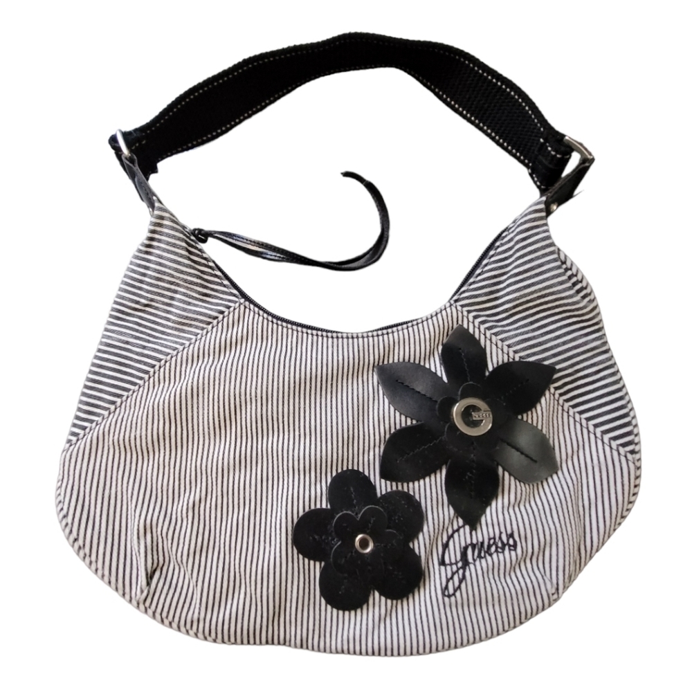 👜 Vintage Guess Canvas Stripes w/ Leather Floral Bag